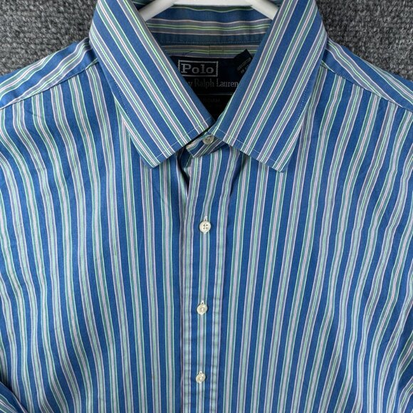 VTG Polo Ralph Lauren Curham Button Up Shirt Long Sleeve Striped Blue Green 15.5 - Picture 1 of 16